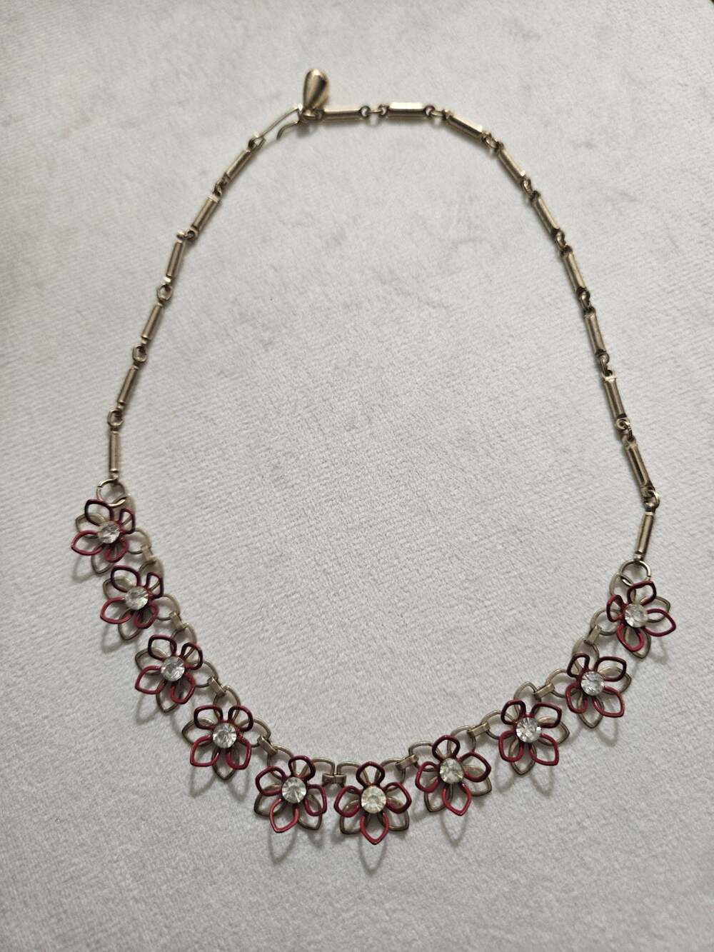 Vintage Red Enamel Floral Rhinestone Necklace